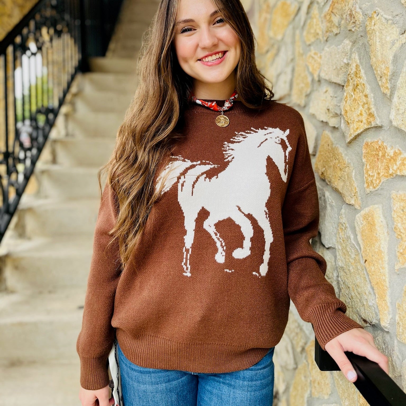 horse graphic sweater, western sweater, brown and ivory knit sweater, cozy horse print sweater, cowgirl style sweater, rodeo outfit top, western chic sweater, relaxed fit knit, fall western fashion, boho cowgirl sweater, rustic horse motif sweater, long sleeve knit top, trendy western sweater, Wild West aesthetic sweater