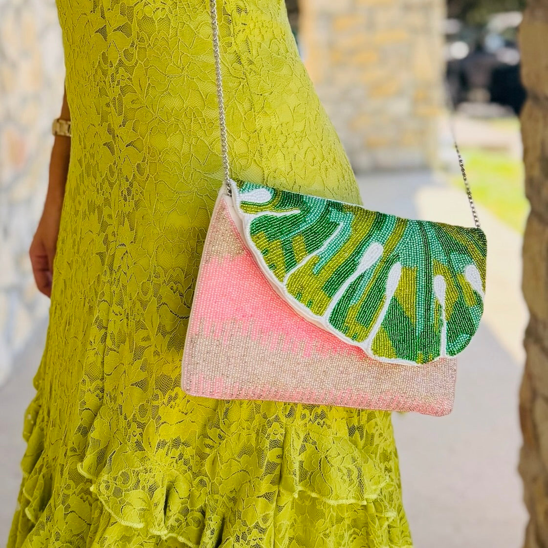Palm Pop Monstera Leaf Beaded Clutch Bag