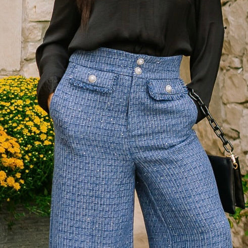 tweed pants, tailored tweed trousers, boutique chic pants, sophisticated pants for women, high waisted tweed pants, workwear pants, polished trousers, taupe tweed pants, slate gray tweed pants, front closure pants, jewel button pants, pockets trousers, versatile dress pants, stylish fall pants, professional pants for women, classic tweed bottoms, chic office pants, elegant tweed pants, modern boutique pants, timeless wardrobe staple