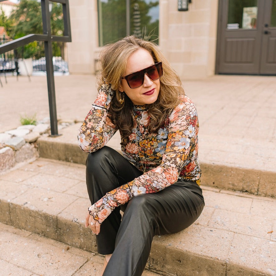 floral print top, fall florals, fall floral top, black floral top, black floral mock neck top, high neck top, ruffled cuff top, fall photos, layering top, fall top, concert top, country concert top, top with thumbholes, thumbhole sleeves top, black floral print top, semi sheer top
