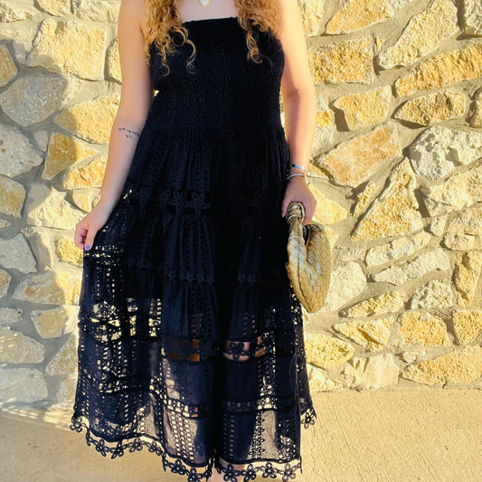 eyelet midi dress, strapless eyelet dress, smocked bodice dress, romantic lace dress, white eyelet dress, midi tube dress, crochet lace midi dress, scalloped hem dress, cotton summer dress, dreamy date night dress, wedding guest dress, feminine strapless dress, boho midi dress, fall transition dress, lightweight cotton dress, tube top midi dress, romantic midi dress, strapless lace dress, fairytale style dress, eyelet lace dress, brunch outfit dress, vintage-inspired midi dress, soft cotton lace dress, flir