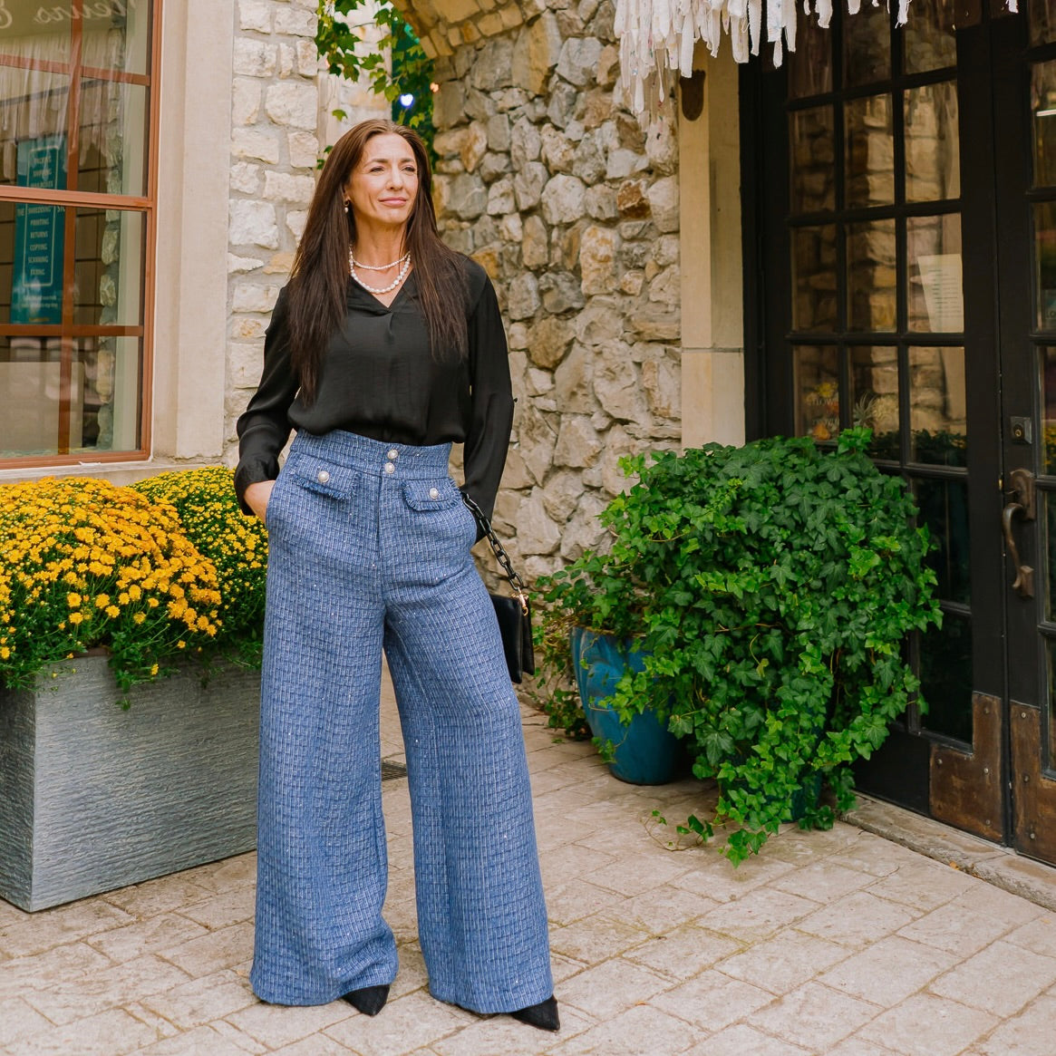 tweed pants, tailored tweed trousers, boutique chic pants, sophisticated pants for women, high waisted tweed pants, workwear pants, polished trousers, taupe tweed pants, slate gray tweed pants, front closure pants, jewel button pants, pockets trousers, versatile dress pants, stylish fall pants, professional pants for women, classic tweed bottoms, chic office pants, elegant tweed pants, modern boutique pants, timeless wardrobe staple