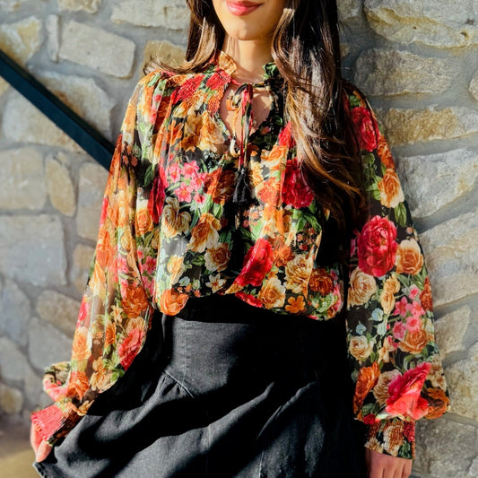 floral blouse, floral print top, high neck blouse, peasant sleeve top, smocked cuff blouse, tie front top, feminine floral top, chic work blouse, dinner date outfit, woven floral blouse, elegant floral shirt, boutique top, stylish fall blouse, office to evening top, floral high neck shirt, trendy floral blouse, women’s printed blouse, versatile floral top, romantic feminine style, cute floral top
