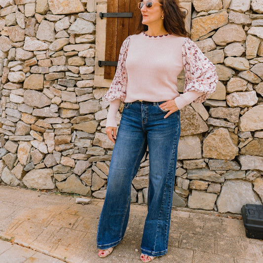 romantic floral top, contrast sleeve blouse, balloon sleeve top, pink floral shirt, ribbed fitted top, scalloped neckline blouse, feminine fall top, mauve floral sleeve shirt, chic casual top, boutique floral blouse, floral detail sweater top, pink and cream top, girly fall outfit, trendy sleeve detail top, date night blouse, everyday romantic top, floral ribbed blouse, fall transition top, boho chic floral top
