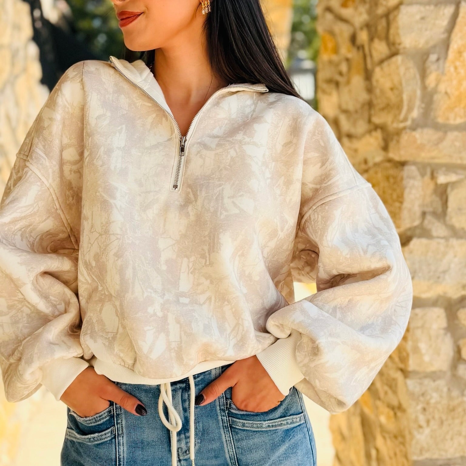 Keleena Camo Zip Up Collared Sweater