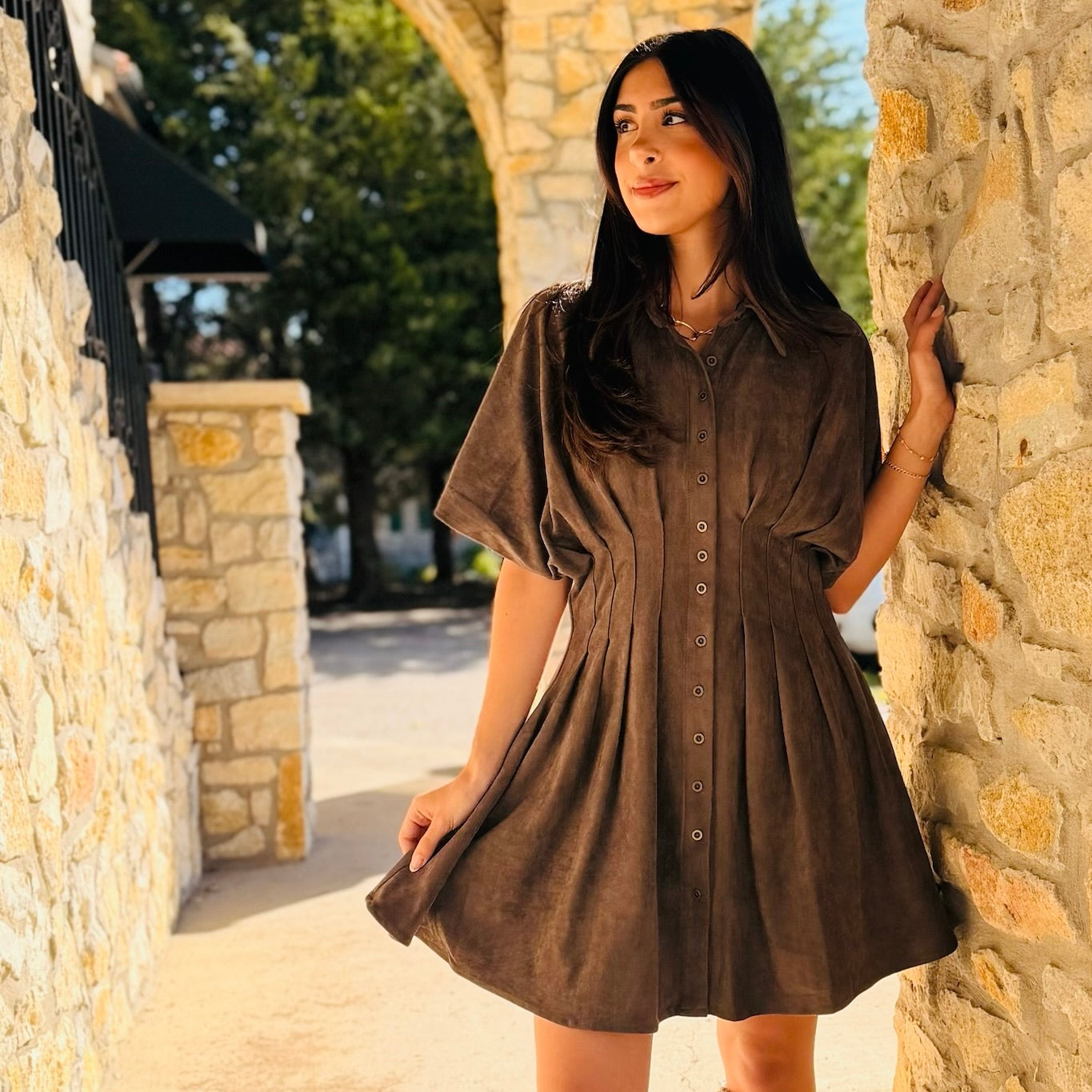 The Cora Pleated Suede Mini Dress