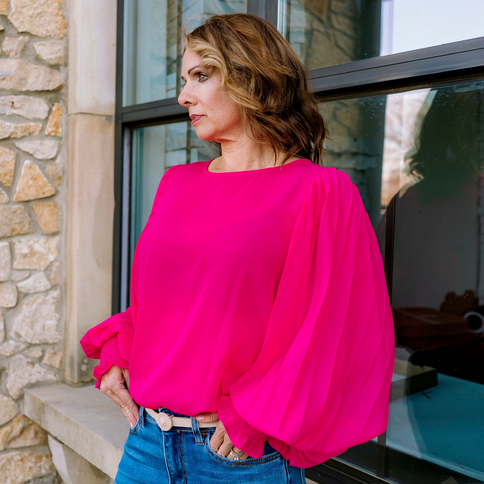 pleated sleeve blouse, business casual, business chic, business professional, work outfit, work top, long sleeve blouse, pleated blouse, pleated sleeve, staple piece, staple work top, red top, red blouse, pink top, pink blouse, lavender top, lavender blouse