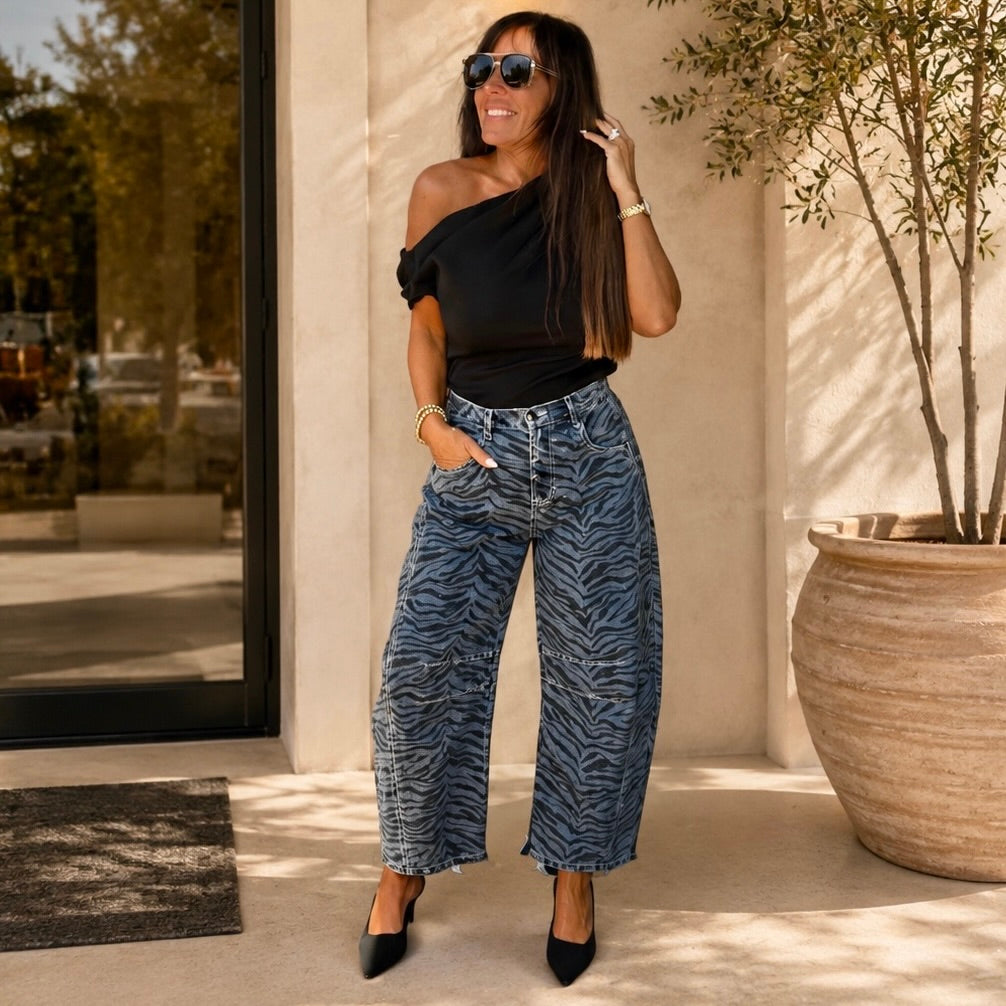 The Wild Instinct Zebra Barrel Jeans