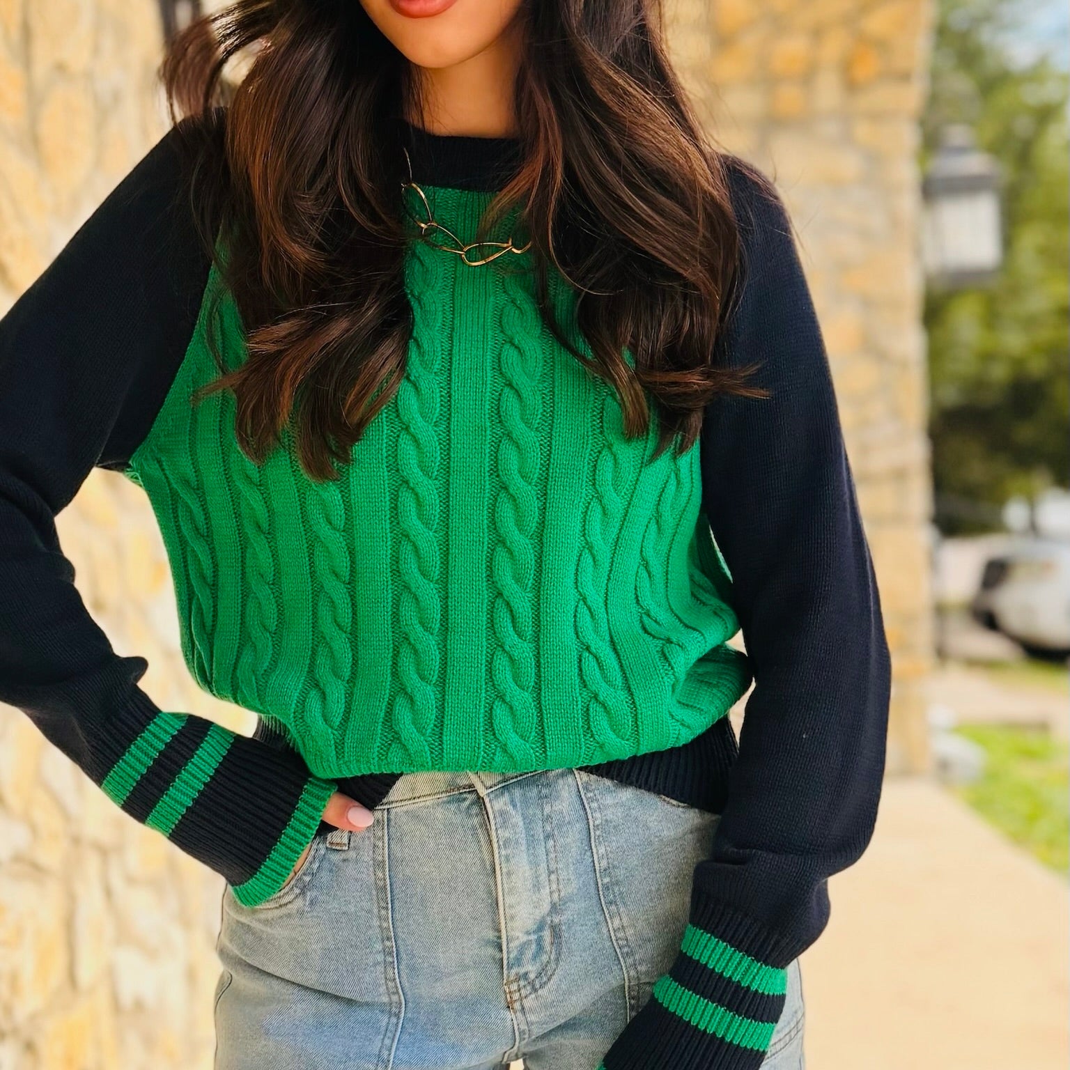 Ivy League Cable Knit Stripe Trim Varsity Sweater