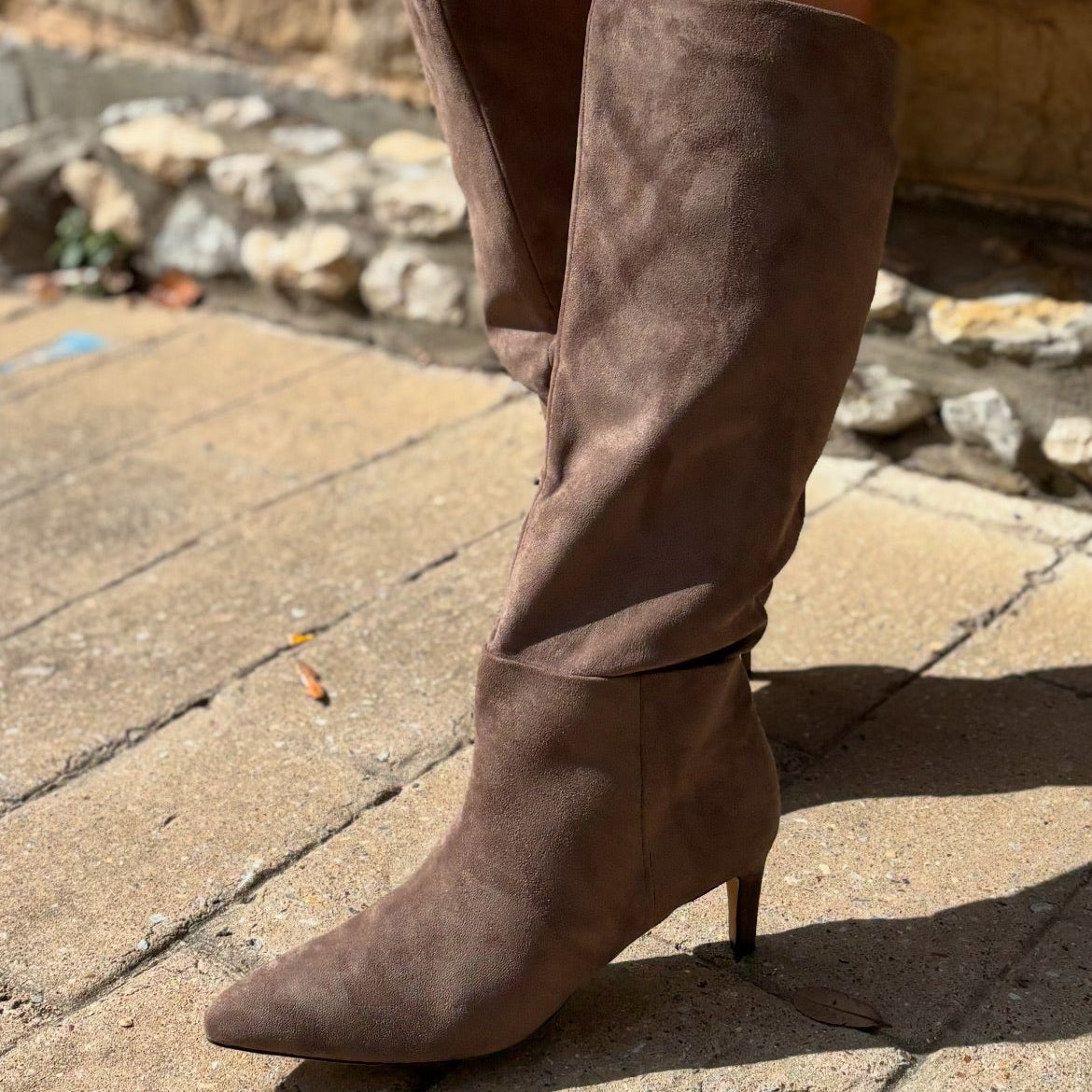 stiletto boots, faux suede boots, pointed toe boots, low heel boots, black stiletto boots, taupe stiletto boots, sleek tall boots, fitted silhouette boots, chic fall boots, elegant heeled boots, timeless style boots, comfortable stiletto boots, dressy tall boots, versatile knee high boots, boutique boots, fall fashion footwear, classy heeled boots, everyday chic boots, women’s stiletto boots