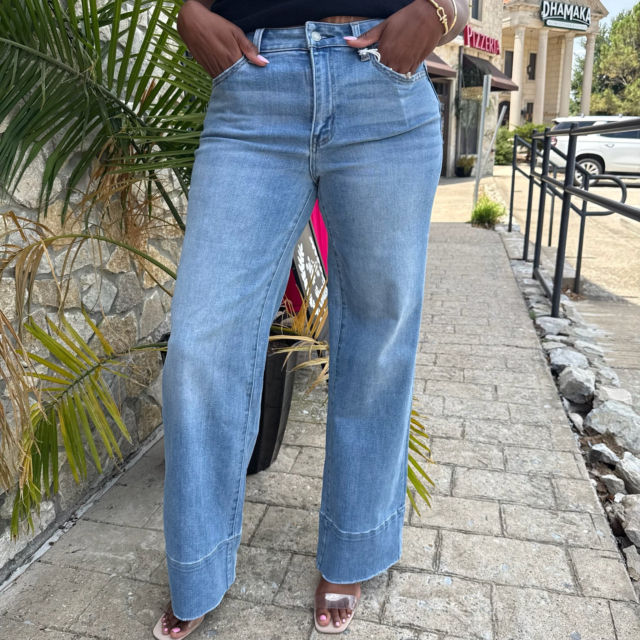 high rise wide leg jeans, A-line denim, raw hem jeans, wide leg denim pants, high waist jeans, comfortable stretch jeans, boutique denim, women’s wide leg jeans, casual chic denim, versatile denim pants, everyday denim, trendy high rise jeans, flowy wide leg jeans, stylish wide leg trousers, vintage inspired jeans, polished casual denim, fashion forward denim, leg-lengthening jeans, high waist A-line jeans, raw edge denim, relaxed fit denim, wide leg outfit, denim essentials for women, modern boutique jeans