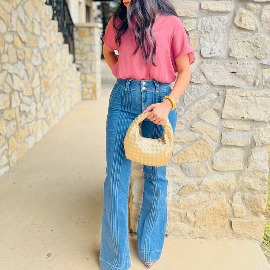 high rise flare jeans, flare denim, stretchy flare jeans, boutique denim, medium wash jeans, double button jeans, pin tuck detail jeans, flattering flare pants, women’s high waist denim, chic flare jeans, everyday denim, trendy boutique jeans, comfortable stretch jeans, classic blue flare jeans, leg-lengthening jeans, polished denim look, dressy flare jeans, casual work jeans, must-have fall denim, versatile blue jeans, stylish flare fit, comfy flattering jeans, wardrobe staple denim