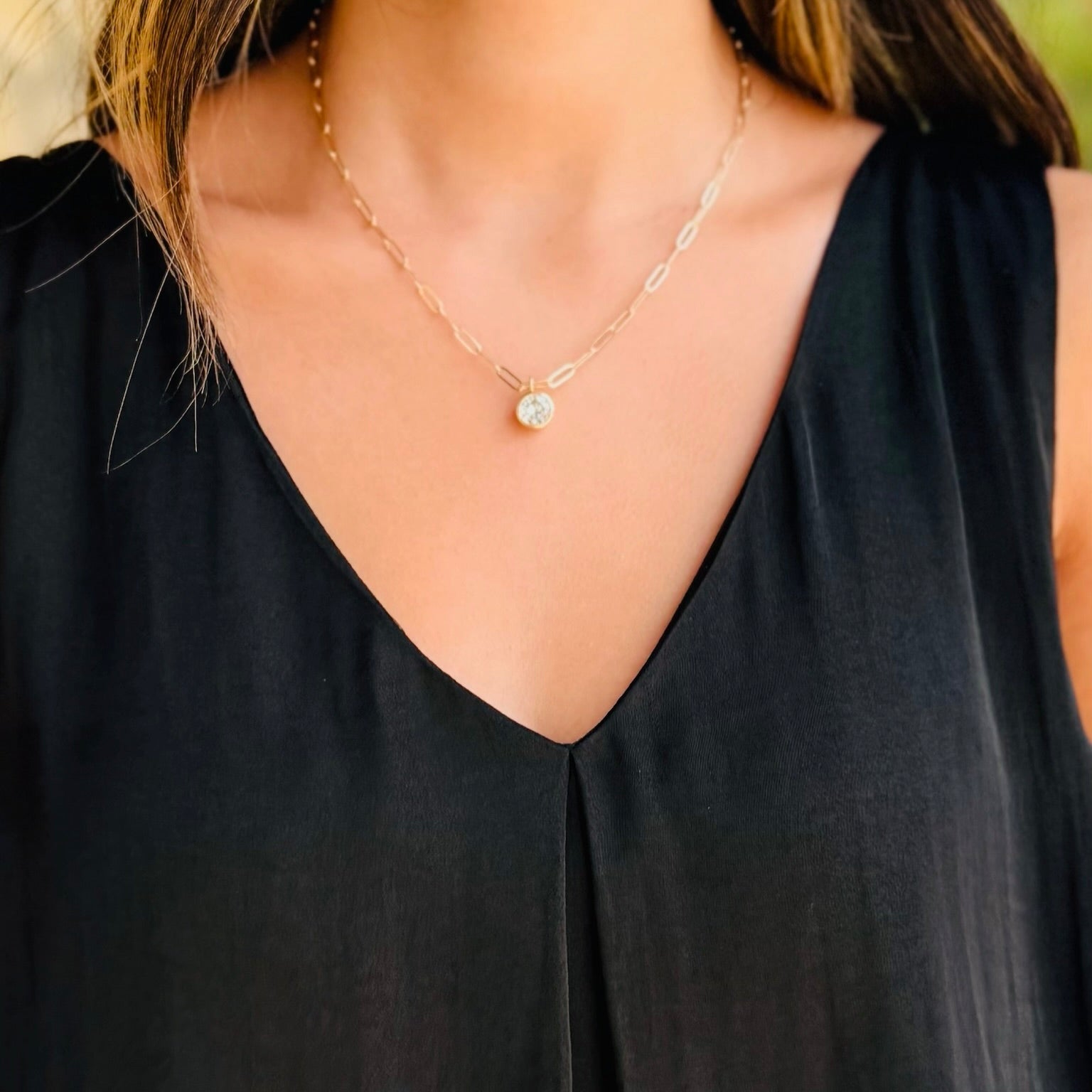 The Solstice Round Bezel Paperclip Chain Pendant Necklace