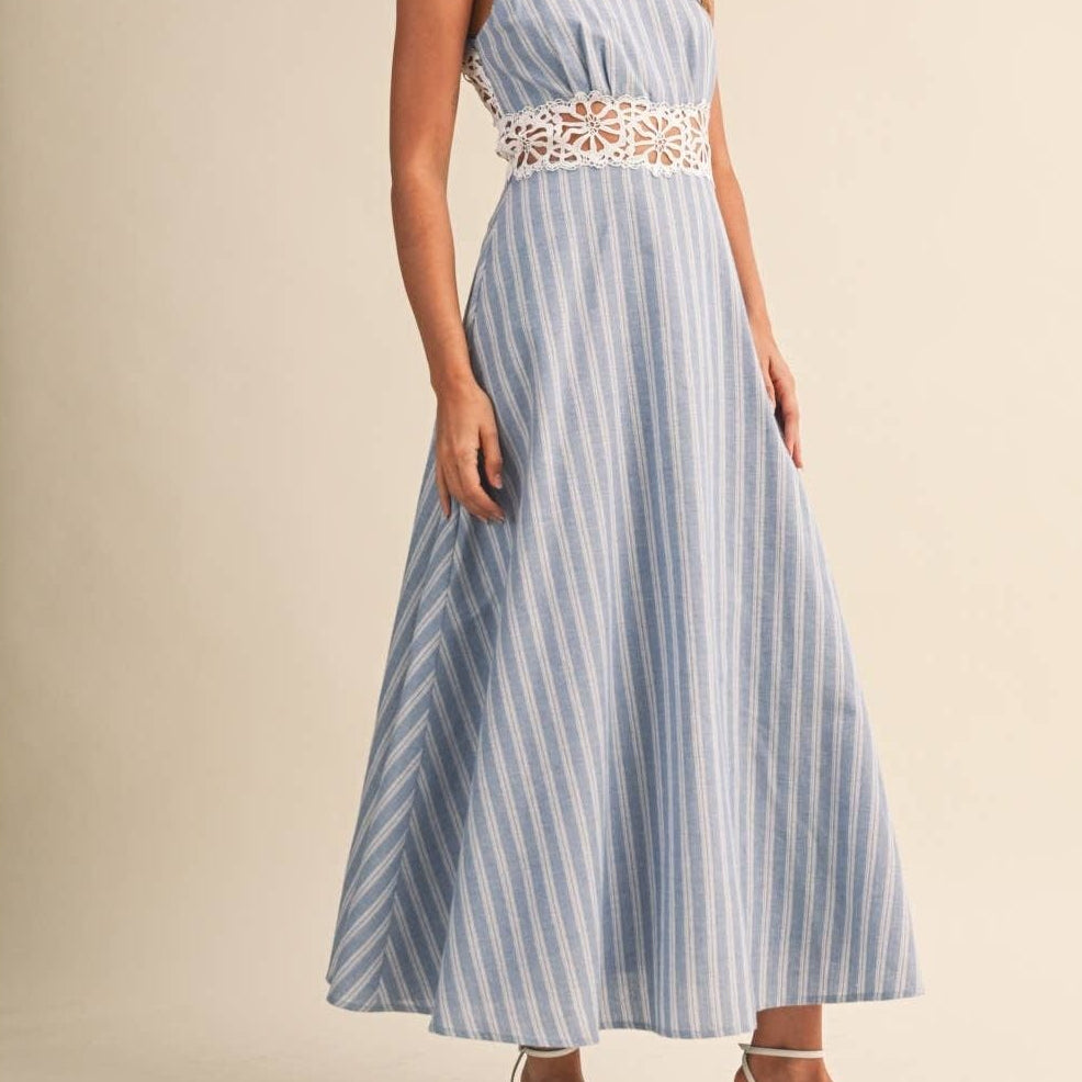 Graceful Romance Striped Lace Trim Open Back Midi Dress