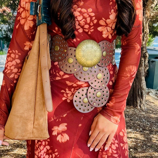 western belt, boho chic belt, round panel belt, eyelet detail belt, oversized belt, antique gold belt, black faux leather belt, brown faux leather belt, western boho accessory, statement belt, trendy boho belt, cowboy chic belt, rodeo fashion belt, country western belt, festival outfit belt, denim belt accessory, flowy skirt belt, bohemian style belt, gold hardware belt, versatile fashion belt