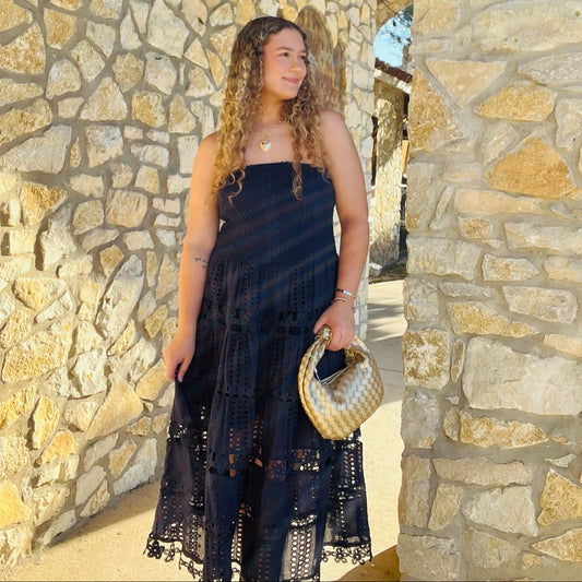 eyelet midi dress, strapless eyelet dress, smocked bodice dress, romantic lace dress, white eyelet dress, midi tube dress, crochet lace midi dress, scalloped hem dress, cotton summer dress, dreamy date night dress, wedding guest dress, feminine strapless dress, boho midi dress, fall transition dress, lightweight cotton dress, tube top midi dress, romantic midi dress, strapless lace dress, fairytale style dress, eyelet lace dress, brunch outfit dress, vintage-inspired midi dress, soft cotton lace dress, flir