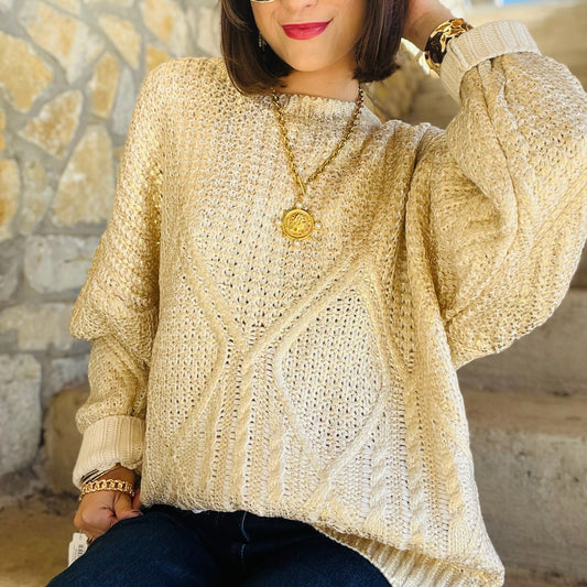 gold sweater, metallic sweater, shimmer knit top, gold foil sweater, statement sweater, holiday sweater, fall party outfit, glam knit sweater, cozy glam style, dressy sweater, boutique fall fashion, sparkly sweater top, relaxed fit sweater, cable knit sweater, crew neck gold sweater, long sleeve shimmer top, fall date night outfit, women’s metallic pullover, festive gold top, winter holiday look, chic fall sweater, elevated casual style, cozy yet chic sweater, shiny knit top, luxe gold sweater, boutique hol