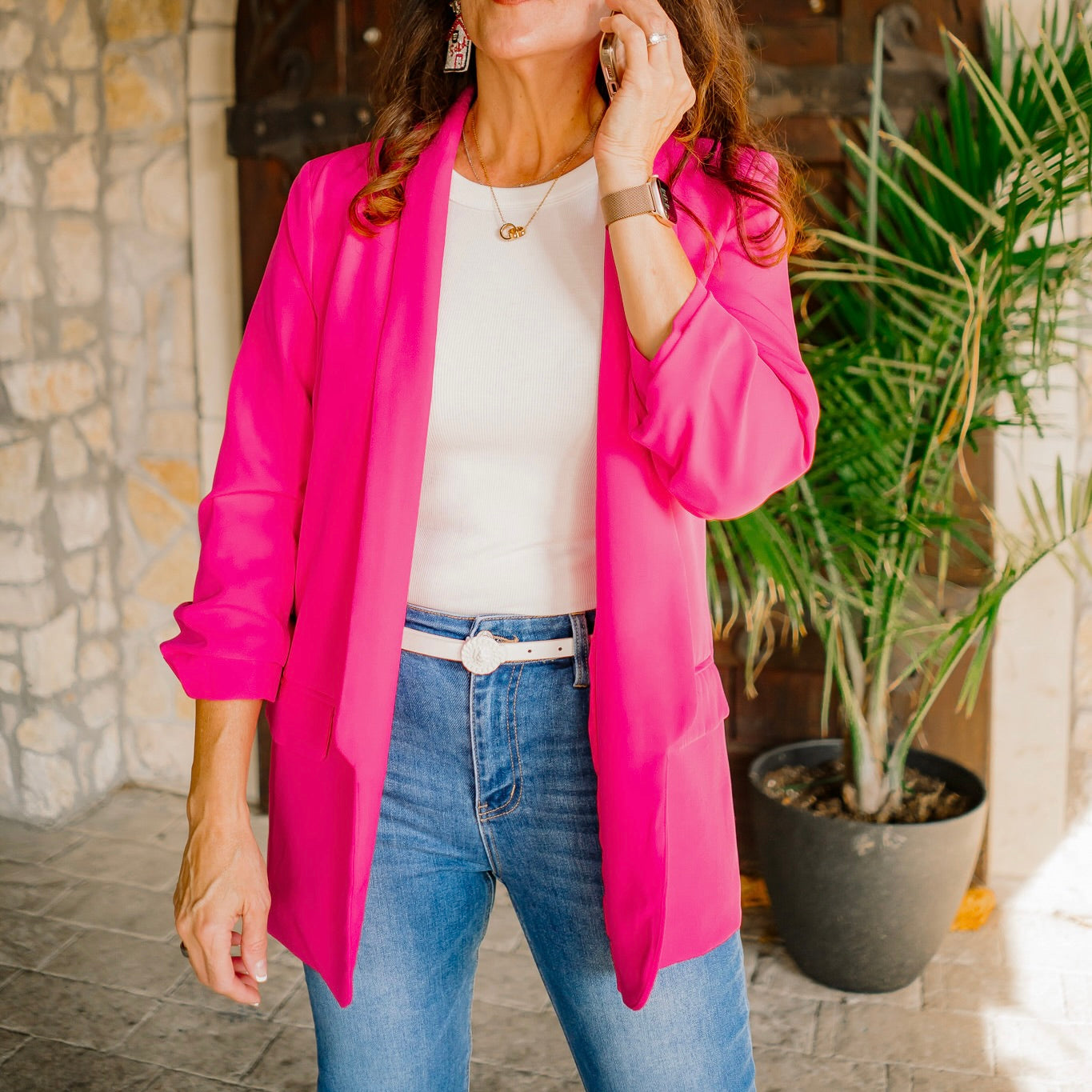 relaxed fit blazer, ruched sleeve blazer, 3/4 sleeve blazer, shoulder pad blazer, dropped shawl collar blazer, flap pocket blazer, versatile women’s blazer, office blazer, dressy casual blazer, polished workwear blazer, boutique blazer, structured yet relaxed blazer, chic everyday blazer, stylish layering blazer, solid color blazer, professional women’s blazer, date night blazer, hand wash blazer, timeless wardrobe blazer, sophisticated blazer for women, forest green blazer, fuchsia blazer, white blazer