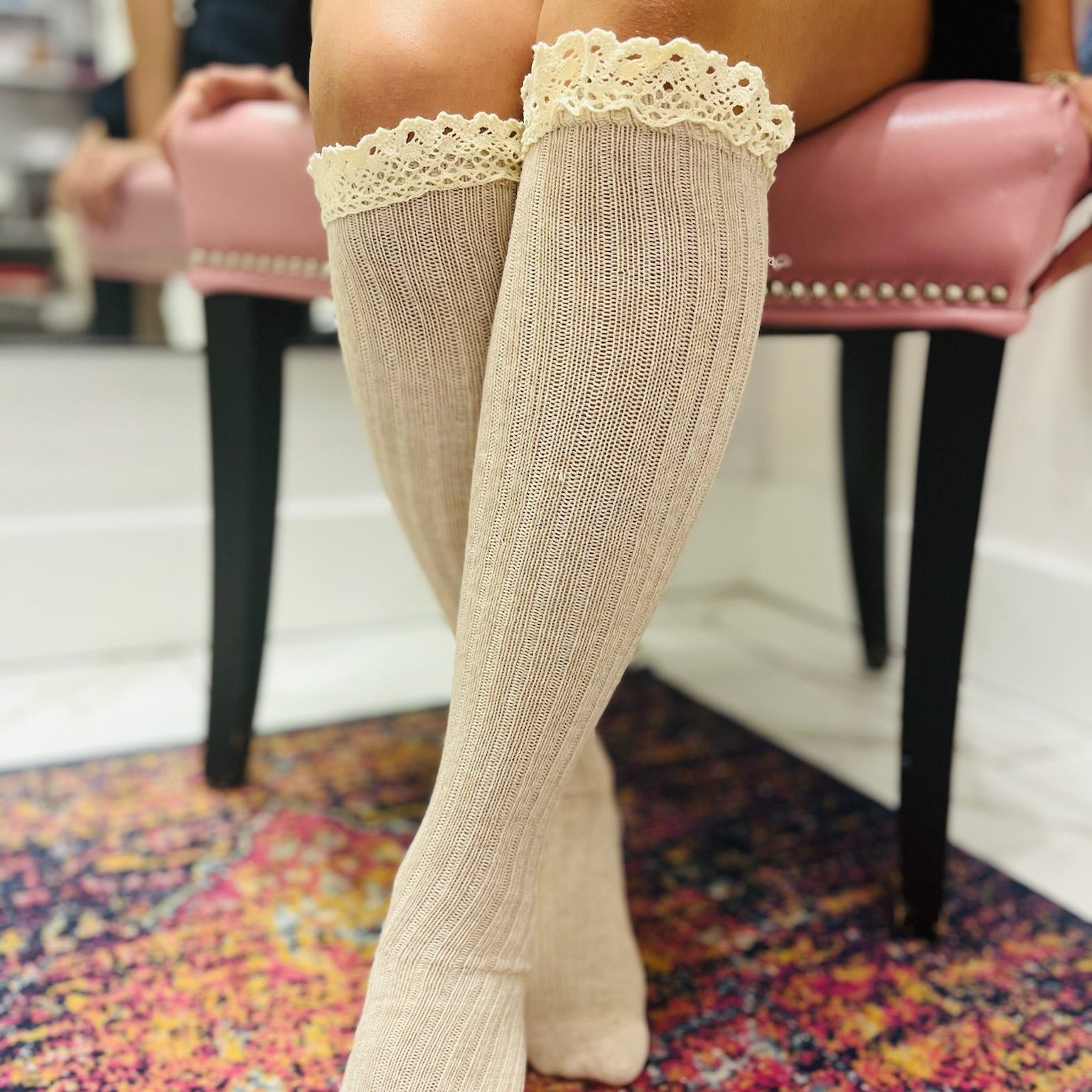 cotton knit boot socks, lace trim socks, knee high socks, scrunched boot socks, cozy fall socks, breathable cotton socks, layering socks for boots, neutral boot socks, soft knit socks, boutique socks, fall accessories, comfy cotton socks, classic boot socks, women’s tall socks, cozy winter socks, knee length cotton socks, soft breathable boot socks, lace detail socks