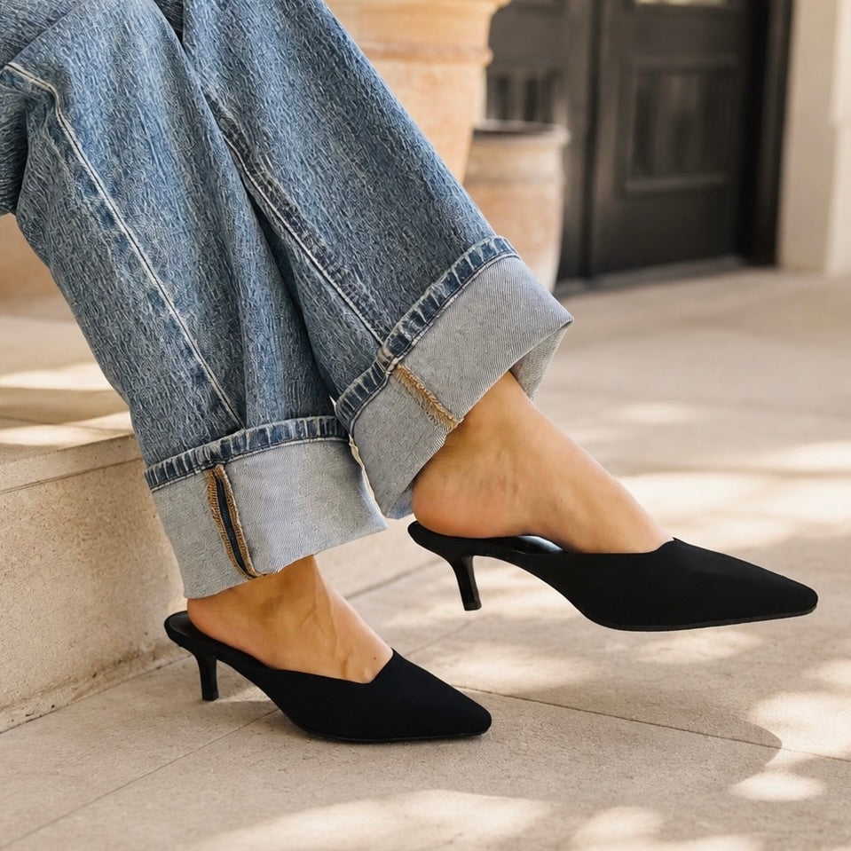 The Victoria Pointed Toe Kitten Heel Mule Slip-On Pumps