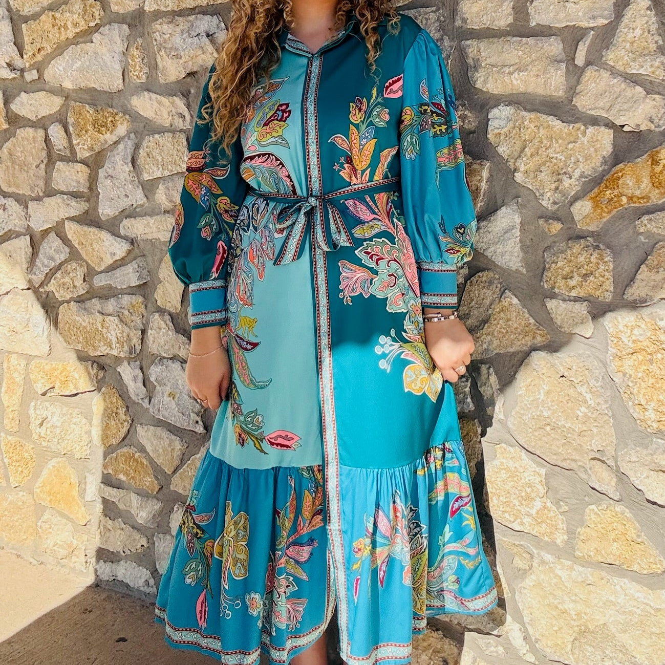 peacock green midi dress, vintage print dress, lantern sleeve dress, collared midi dress, self tie waist dress, printed midi dress, split skirt dress, long sleeve vintage dress, multicolor fall dress, fall floral dress, elegant midi dress, work to weekend dress, green boho dress, retro print midi, flowy printed dress, button front midi dress, modest split dress, peacock inspired outfit, feminine midi dress, polyester midi dress, fall transition dress