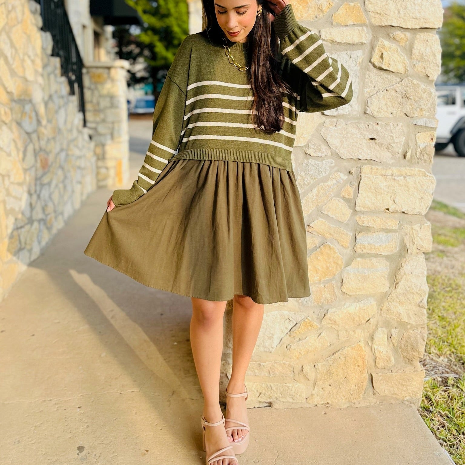olive striped dress, fall mini dress, knit and woven dress, olive green dress, cream striped dress, cozy fall dress, casual fall outfit, long sleeve mini dress, crew neck dress, striped knit dress, autumn outfit idea, cute fall dress, pumpkin patch outfit, fall festival dress, comfy chic dress, olive mini dress, mixed media dress, fall fashion, sweater dress style, stylish fall look