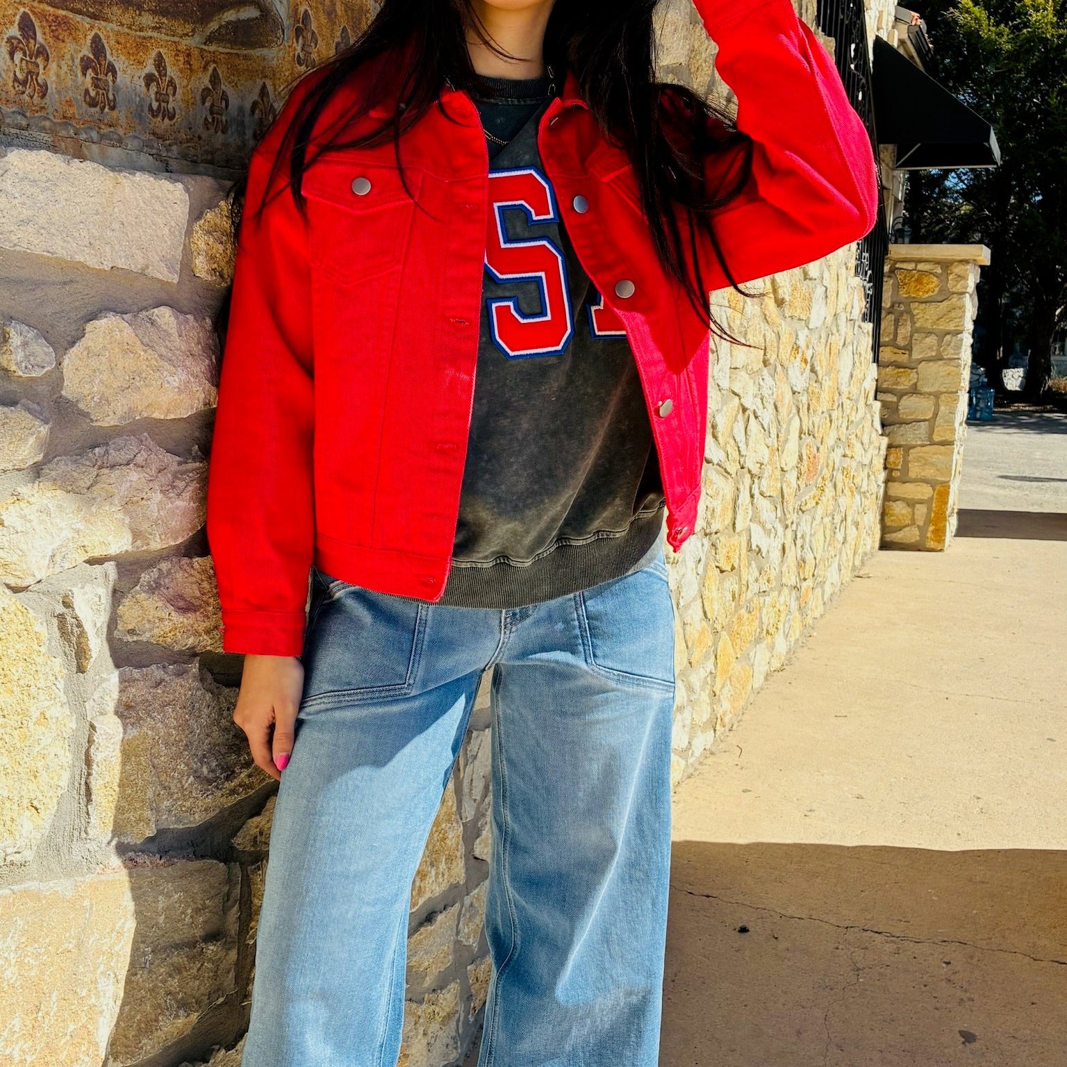 red denim jacket, cropped denim jacket, slim fit denim jacket, red cropped jacket, women's red jean jacket, collared denim jacket, casual red jacket, women's fall denim jacket, street style denim jacket, trendy red jacket, red button up jacket, silver button denim jacket, red casual coat, women's casual red coat, fitted red jacket, fashion denim jacket, stylish red denim, colorful denim jacket, statement denim jacket, bold red cropped jacket, modern denim jacket, women's outerwear, women's casual jacket