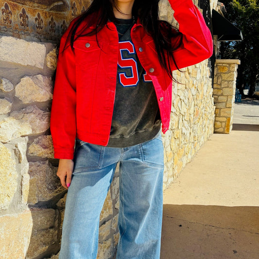 red denim jacket, cropped denim jacket, slim fit denim jacket, red cropped jacket, women's red jean jacket, collared denim jacket, casual red jacket, women's fall denim jacket, street style denim jacket, trendy red jacket, red button up jacket, silver button denim jacket, red casual coat, women's casual red coat, fitted red jacket, fashion denim jacket, stylish red denim, colorful denim jacket, statement denim jacket, bold red cropped jacket, modern denim jacket, women's outerwear, women's casual jacket