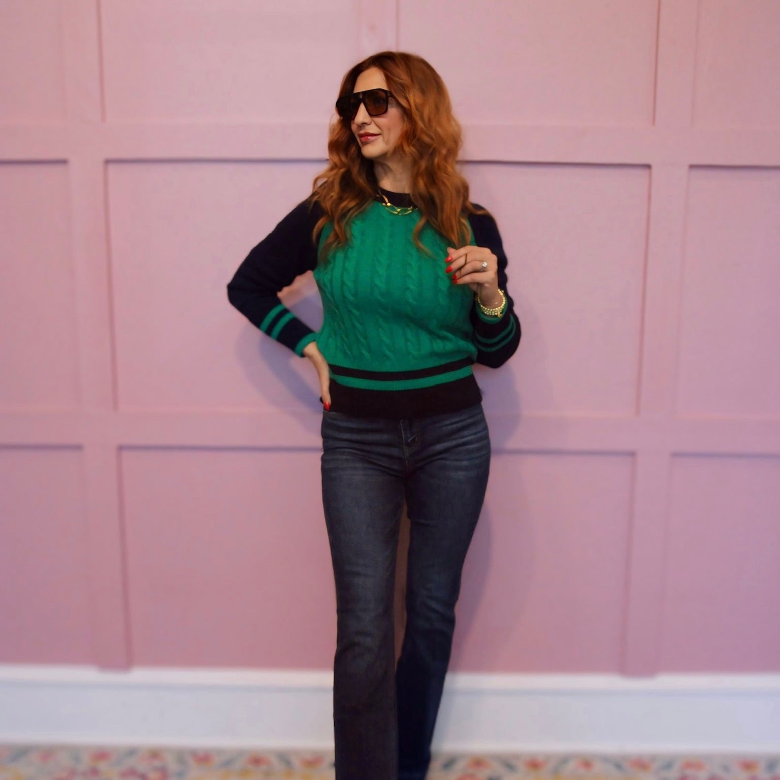 Ivy League Cable Knit Stripe Trim Varsity Sweater