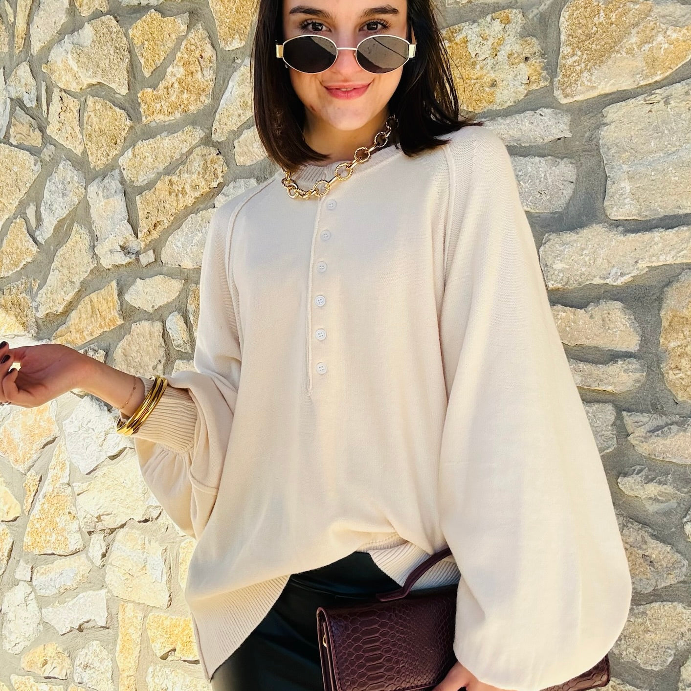 Countryside Charm Henley Balloon Sleeve Sweater