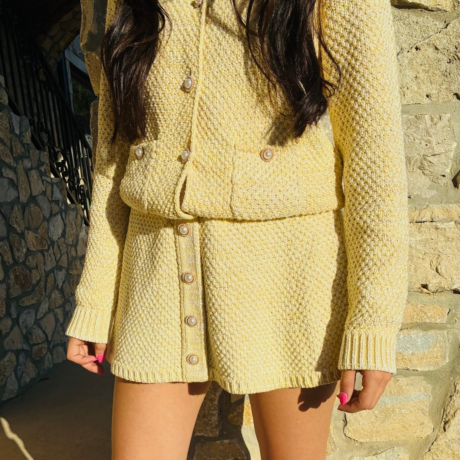 pearl button skirt, matching knit skirt, textured knit skirt women, cotton knit skirt, ivory knit skirt, navy knit skirt, button front skirt women, pearl detail skirt, elevated everyday skirt, polished knit skirt, feminine wardrobe staple, classic silhouette skirt, ribbed waist knit skirt, dressy casual skirt women, fall to spring skirt, boutique women’s skirts, coordinated set skirt, skirt and cardigan set, refined knitwear women