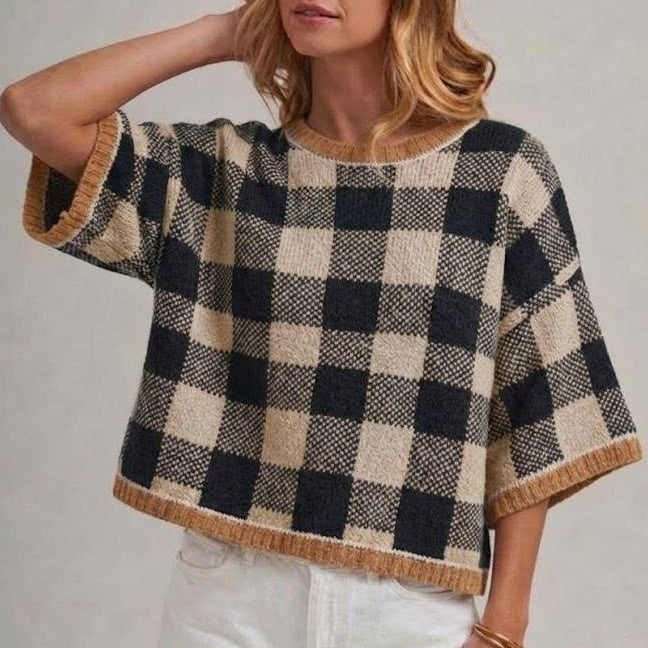 The Cozy Cabin Gingham Drop Shoulder Sweater