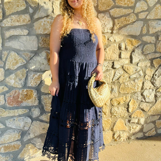 eyelet midi dress, strapless eyelet dress, smocked bodice dress, romantic lace dress, white eyelet dress, midi tube dress, crochet lace midi dress, scalloped hem dress, cotton summer dress, dreamy date night dress, wedding guest dress, feminine strapless dress, boho midi dress, fall transition dress, lightweight cotton dress, tube top midi dress, romantic midi dress, strapless lace dress, fairytale style dress, eyelet lace dress, brunch outfit dress, vintage-inspired midi dress, soft cotton lace dress, flir