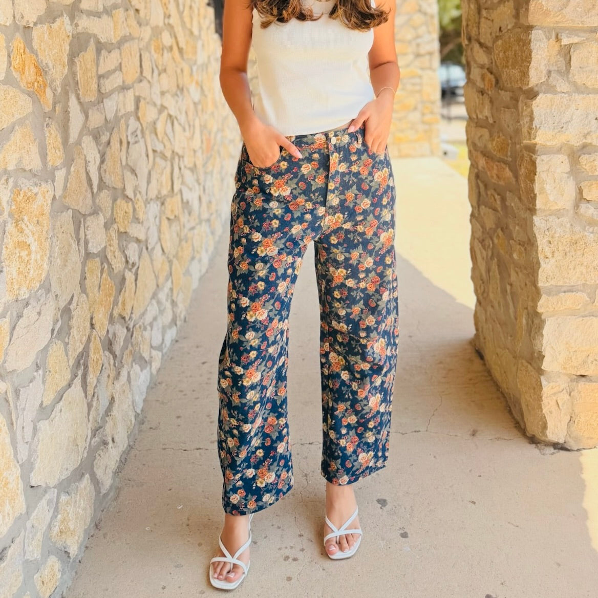 Sunset Garden Mineral Washed Floral Denim Barrel Pants