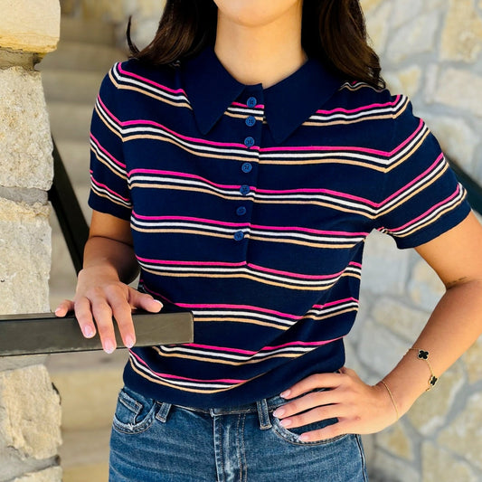 navy striped polo sweater, striped knit polo, short sleeve polo sweater, collared knit top, button down striped sweater, fall polo sweater, preppy striped sweater, transitional fall knit, soft knit polo top, lightweight wool sweater, game day sweater, casual striped top, classic navy sweater, short sleeve collared sweater, navy button sweater, polo style knitwear, chic fall layering piece, cropped look polo sweater, not cropped polo top, timeless striped sweater, wool blend polo sweater