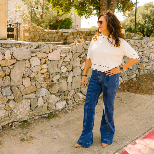 stitch detail top, knit short sleeve top, white and navy top, textured knit blouse, crew neck knit top, classic short sleeve sweater, casual chic top, office knit top, brunch outfit top, everyday knit blouse, lightweight sweater top, navy trim top, polished casual top, versatile white top, feminine knit shirt, stylish textured top, soft acrylic knit top, minimal knit blouse, timeless short sleeve top, effortless everyday top