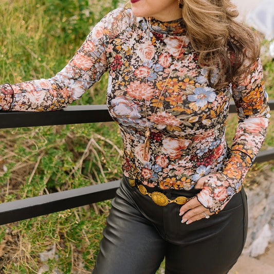floral print top, fall florals, fall floral top, black floral top, black floral mock neck top, high neck top, ruffled cuff top, fall photos, layering top, fall top, concert top, country concert top, top with thumbholes, thumbhole sleeves top, black floral print top, semi sheer top