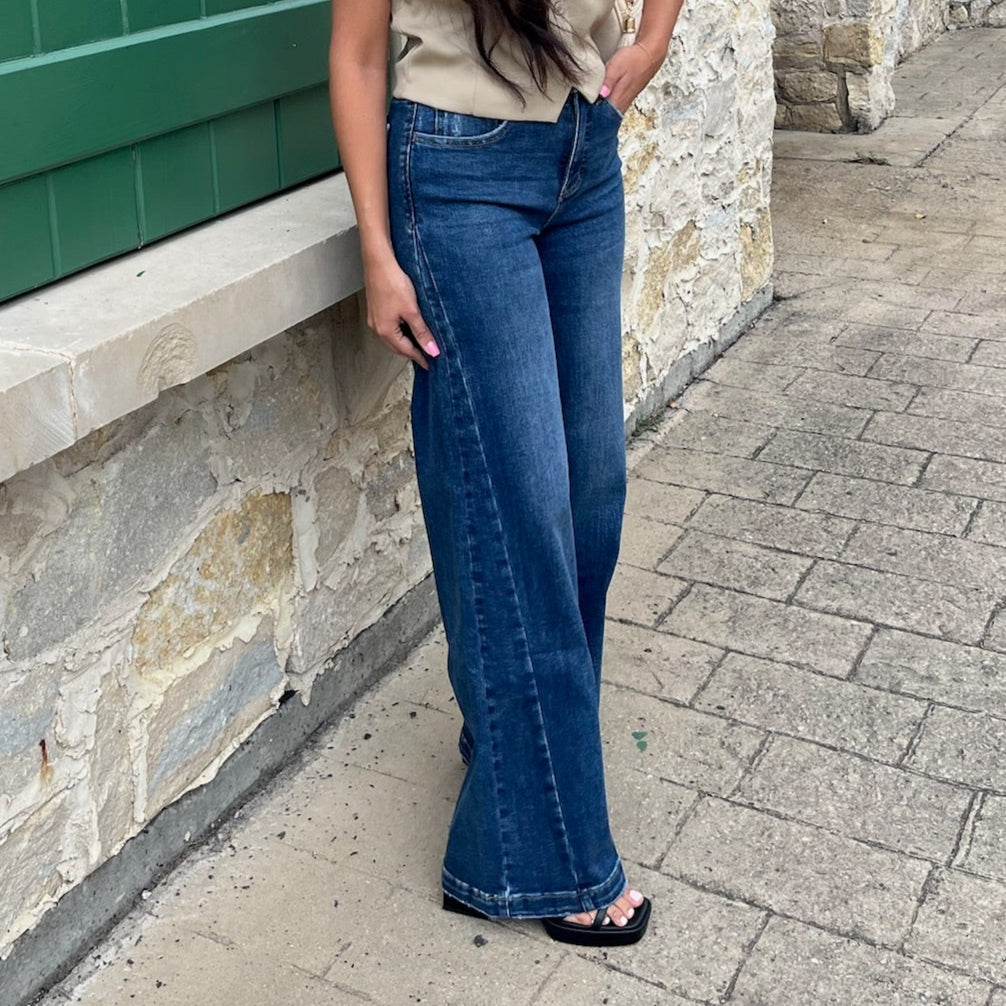 tummy control jeans, high rise wide leg jeans, flattering denim, shaping jeans for women, smoothing panel jeans, comfort stretch denim, wide leg trousers jeans, figure enhancing denim, slimming jeans, distressed wide leg jeans, finished hem jeans, boutique denim, full length wide leg jeans, trendy flattering jeans, tummy smoothing denim, jeans for curvy women, chic wide leg style, stylish comfortable jeans, modern high rise denim, everyday flattering jeans, wide leg fall denim, sculpting high rise jeans