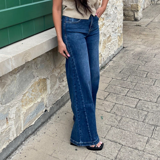 tummy control jeans, high rise wide leg jeans, flattering denim, shaping jeans for women, smoothing panel jeans, comfort stretch denim, wide leg trousers jeans, figure enhancing denim, slimming jeans, distressed wide leg jeans, finished hem jeans, boutique denim, full length wide leg jeans, trendy flattering jeans, tummy smoothing denim, jeans for curvy women, chic wide leg style, stylish comfortable jeans, modern high rise denim, everyday flattering jeans, wide leg fall denim, sculpting high rise jeans