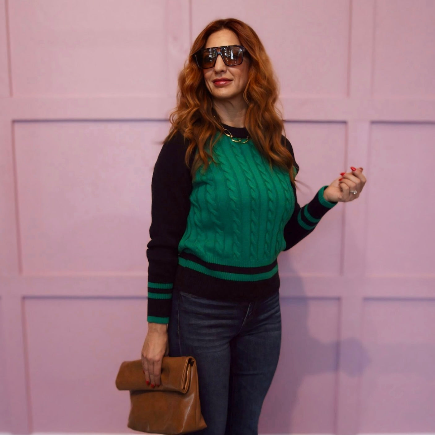 Ivy League Cable Knit Stripe Trim Varsity Sweater