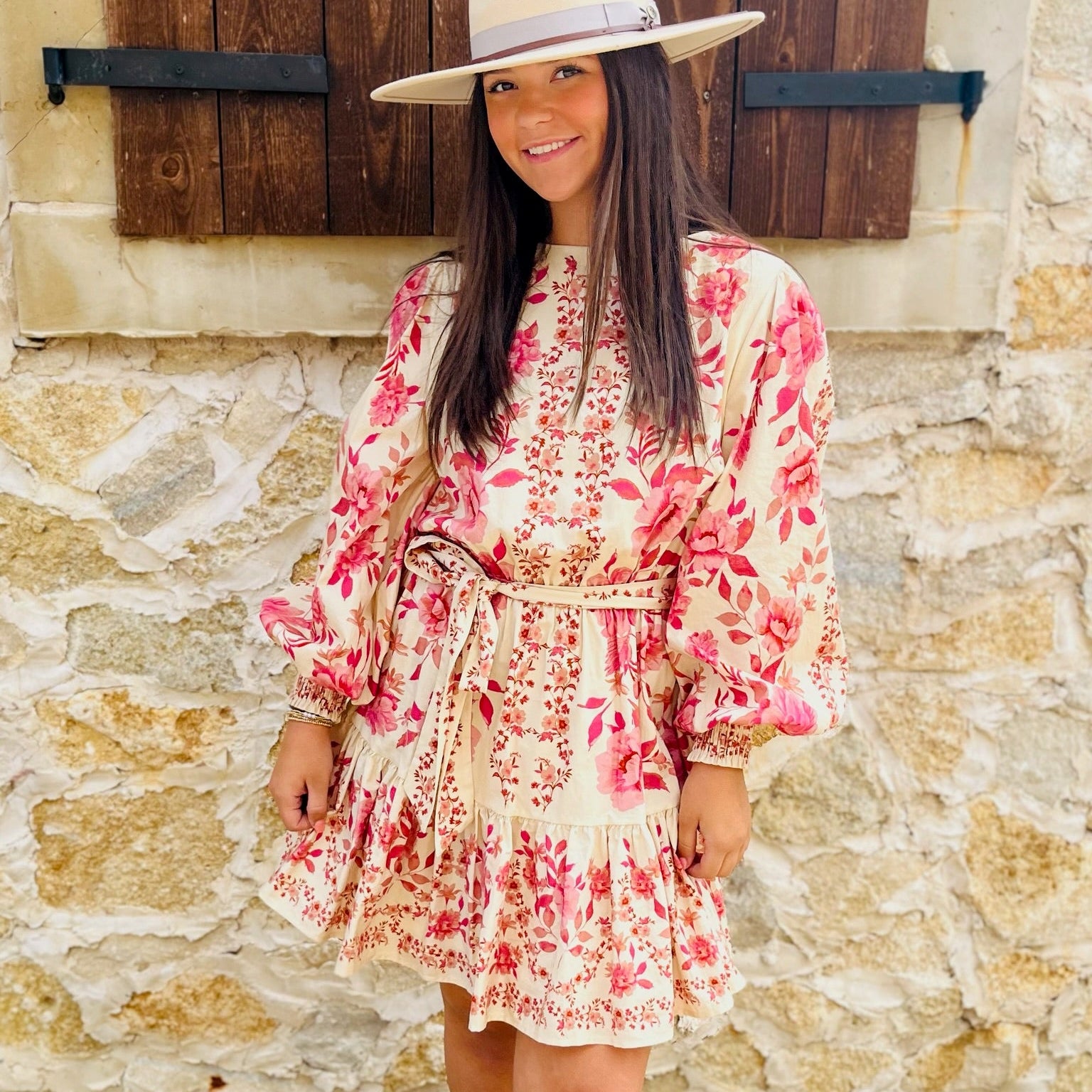 floral mini dress, fall floral dress, long sleeve mini dress, smocked cuff dress, self tie waist dress, ruffle hem dress, feminine fall outfit, woven floral dress, lightweight mini dress, transitional fall dress, boutique floral dress, casual day dress, brunch outfit dress, fall layering dress, floral print mini, romantic fall style, cute fall dress, city stroll outfit, trendy boutique dress