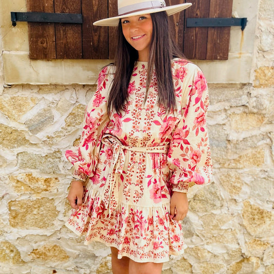 floral mini dress, fall floral dress, long sleeve mini dress, smocked cuff dress, self tie waist dress, ruffle hem dress, feminine fall outfit, woven floral dress, lightweight mini dress, transitional fall dress, boutique floral dress, casual day dress, brunch outfit dress, fall layering dress, floral print mini, romantic fall style, cute fall dress, city stroll outfit, trendy boutique dress