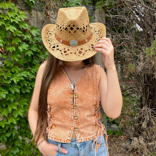 denim vest, lace up denim vest, boho denim vest, western denim vest, sleeveless denim top, v-neck denim vest, button up vest, festival denim vest, concert outfit vest, rodeo outfit vest, denim vest for layering, rust denim vest, tan denim vest, solid color vest, cowgirl style vest, lace up side vest, denim statement piece, summer to fall vest, country concert outfit, boho western outfit, denim vest top, sleeveless western top, trendy denim vest, western chic vest