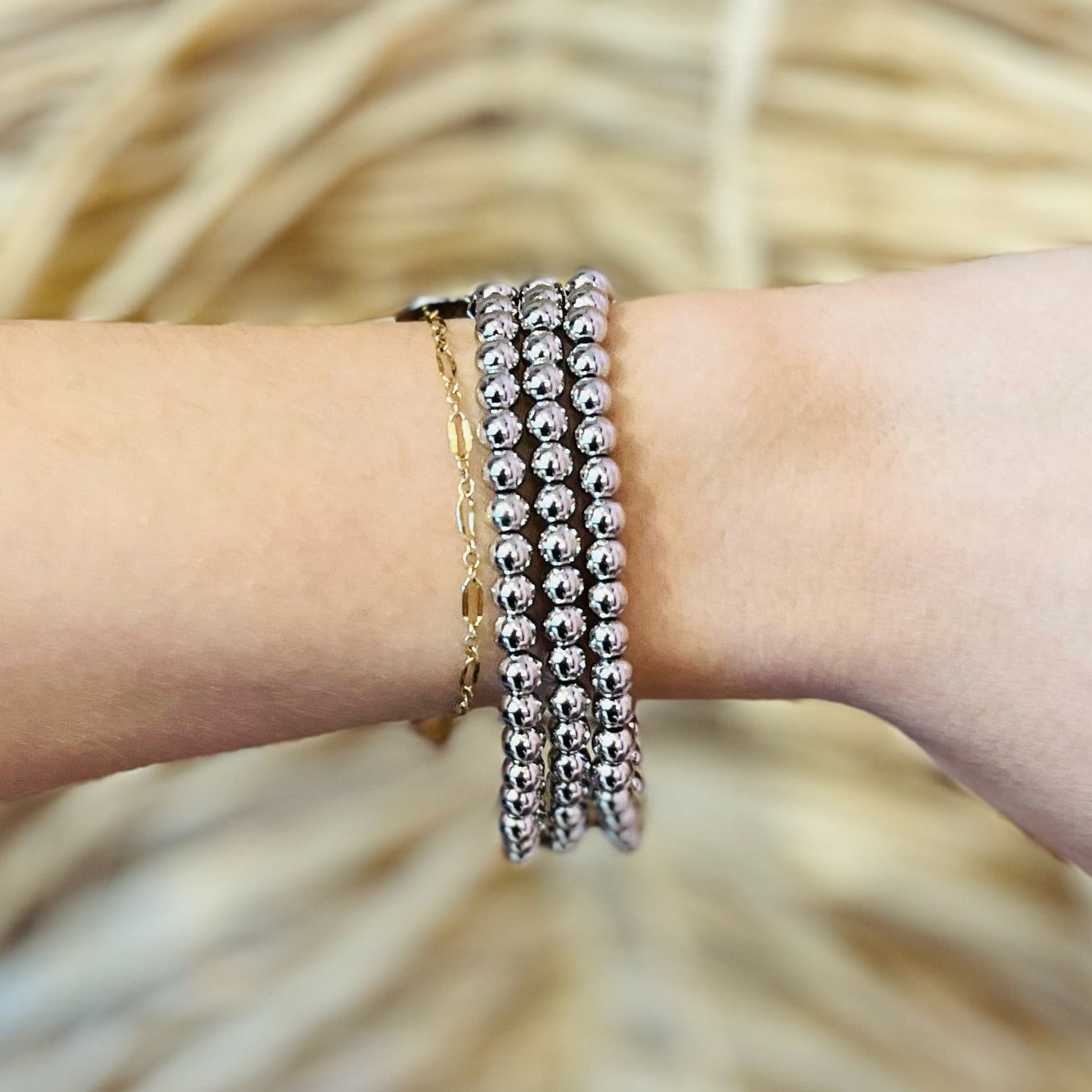 bracelet set, B.B. Lila bracelets, dark silver beaded bracelets, stackable silver bracelets, elastic stretch bracelets, tarnish free jewelry, rust free bracelets, minimalist silver jewelry, layering bracelet set, boho chic bracelets, gift for her jewelry, durable stretch bracelet, trendy silver stack, silver beaded stack, everyday bracelet set, neutral silver tone jewelry, boutique style bracelets, dainty arm stack