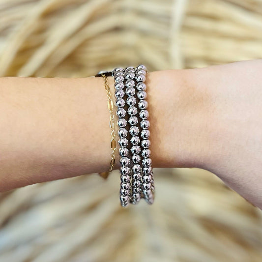 bracelet set, B.B. Lila bracelets, dark silver beaded bracelets, stackable silver bracelets, elastic stretch bracelets, tarnish free jewelry, rust free bracelets, minimalist silver jewelry, layering bracelet set, boho chic bracelets, gift for her jewelry, durable stretch bracelet, trendy silver stack, silver beaded stack, everyday bracelet set, neutral silver tone jewelry, boutique style bracelets, dainty arm stack