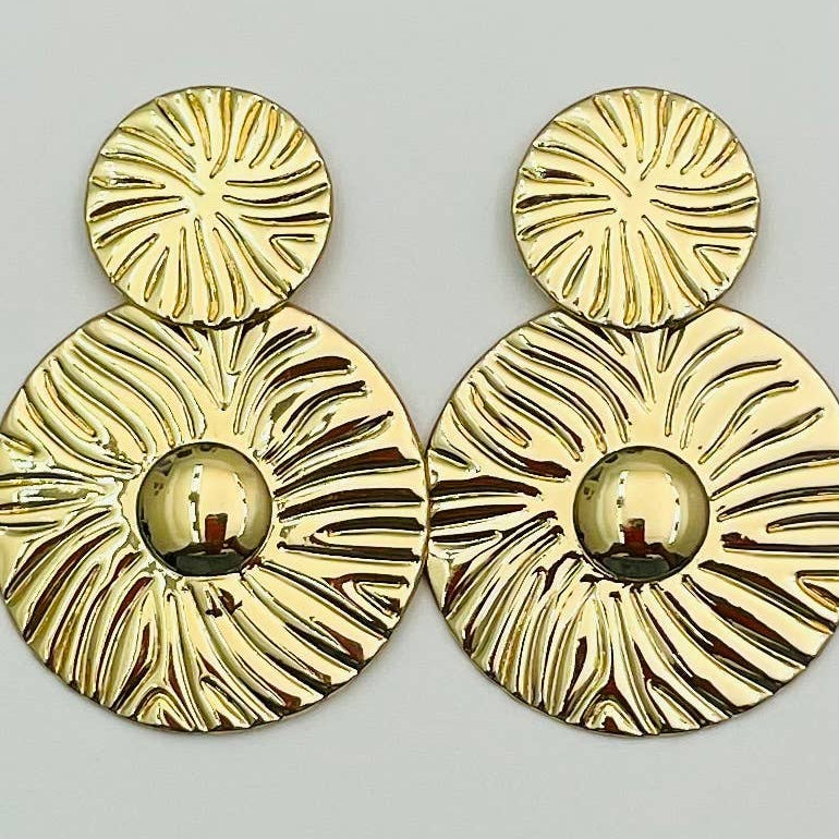 oversized gold earrings, statement gold earrings, textured gold earrings, gold dangle earrings, circular drop earrings, double tier earrings, bold gold jewelry, trendy statement earrings, dressy gold earrings, everyday statement jewelry, women’s fashion jewelry, modern gold earrings