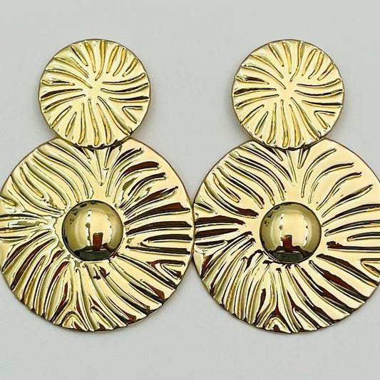 oversized gold earrings, statement gold earrings, textured gold earrings, gold dangle earrings, circular drop earrings, double tier earrings, bold gold jewelry, trendy statement earrings, dressy gold earrings, everyday statement jewelry, women’s fashion jewelry, modern gold earrings