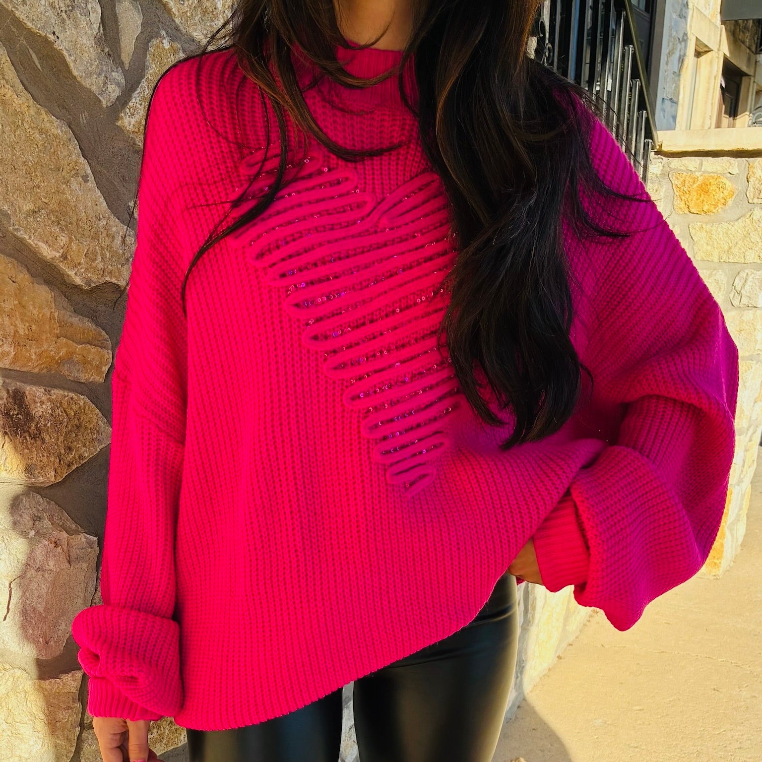 heart sequin sweater, heart sweater women, valentine sweater women, oversized heart sweater, mock neck sweater women, cozy knit sweater women, romantic sweater women, monotone heart sweater, sequin heart top, layering sweater women, drop shoulder sweater, thicker knit sweater, winter to spring sweater, pink heart sweater, red heart sweater, cream heart sweater, boutique women’s sweaters, casual valentines outfit, elevated everyday sweater