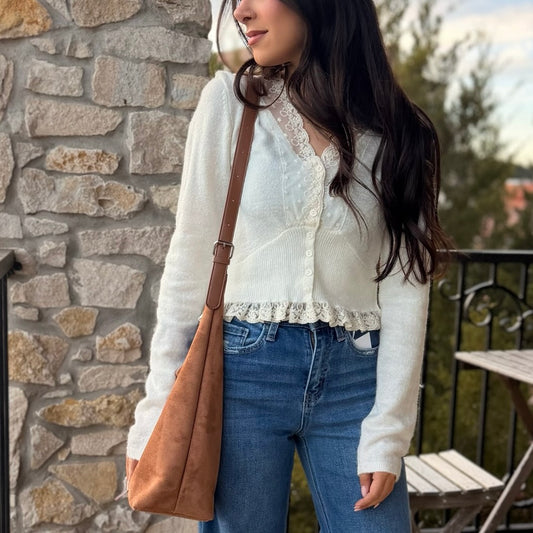 cream knit top, lace contrast top, button down cardigan, feminine sweater top, ruffle hem top, V neck knit top, cream lace cardigan, flirty knit blouse, romantic sweater, cozy chic top, boutique knitwear, girly lace top, soft neutral sweater, brunch outfit top, coffee date outfit, fall layering piece, sweet feminine style, long sleeve knit top, trendy boutique top