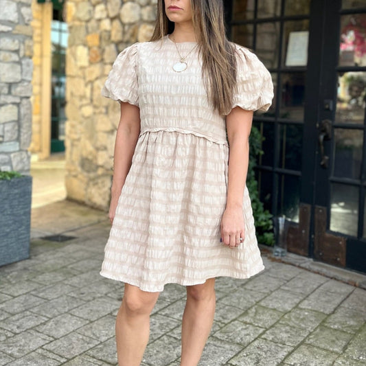 babydoll dress, puff sleeves, puff sleeves dress, babydoll, textured dress, pleated dress, textured babydoll dress, natural dress, boho dress, bohemian dress, staple dress, spring dress, summer dress, fall dress, transition piece, picnic outfit, vacation dress, tan dress, ivory dress